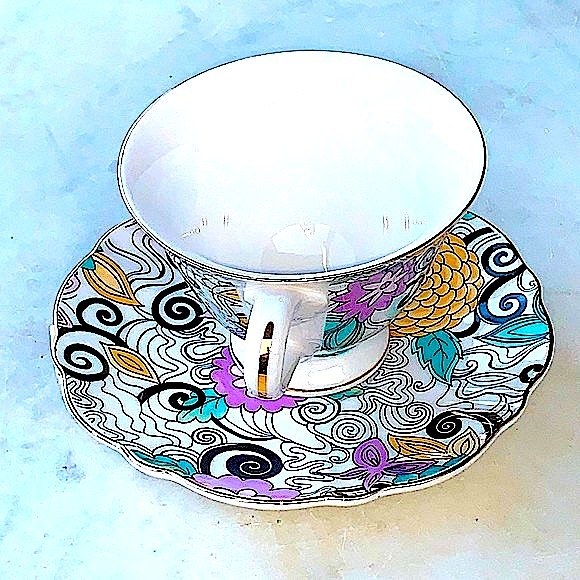 GRACES TEAWARE FOOTED CUP SAUCER SET NEW PASTEL BLACK FLORAL - Picture 5 of 9